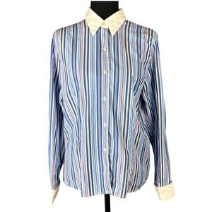 Casual Corner Annex Striped Button Down Shirt Petite M Blue Cotton White Collar